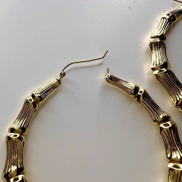 14k Gold Large Hoop Bamboo Earrings - Picture 12 of 12